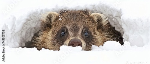 a close up of a raccoon peeking out of a hole in the snow with it's eyes wide open. photo