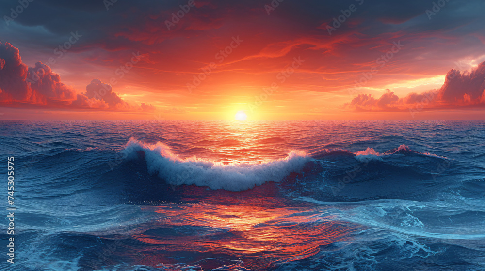 Seascape in the evening, beautiful dramatic sunset over sea. Horizontal banner - obrazy, fototapety, plakaty 
