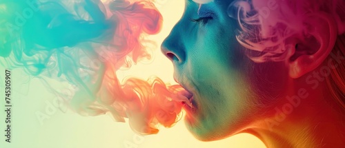 a close up of a woman's face with colored smoke coming out of her mouth and the smoke coming out of her mouth.