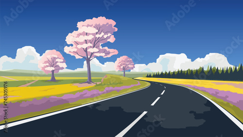 Copy Space Flat Vector Illustration. of straight asphalt road cuts through the wide open fields of green grass and yellow flower. Spring trees pink color. Mountain and blue sky with white clouds