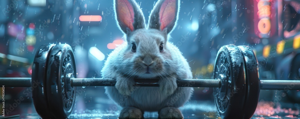 Picture a plump rabbit lifting weights against a neon cityscape backdrop - obrazy, fototapety, plakaty 
