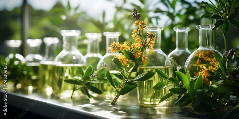 Extracting Natural Essences from Green Herbal Leaves and Flowers in the Laboratory. Concept Nature, Lab Research, Herbalism, Botanical Science, Essential Oils - obrazy, fototapety, plakaty 