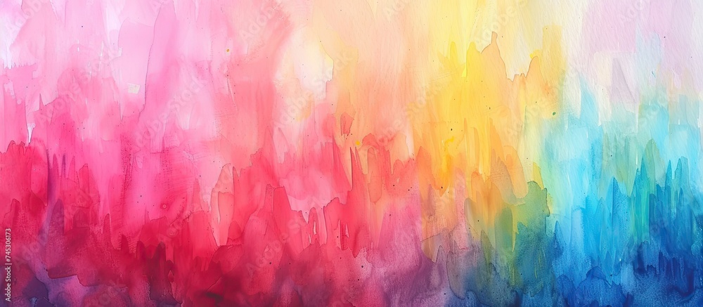 This painting features a dynamic display of vibrant colors, including pink, red, blue, and yellow, creating a rainbow-colored background that dances with lively energy.