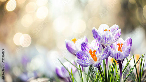 Bright spring crocus flowers with shiny drops of dew on light background with bokeh and highlights. Template for spring card, copy space, banner photo