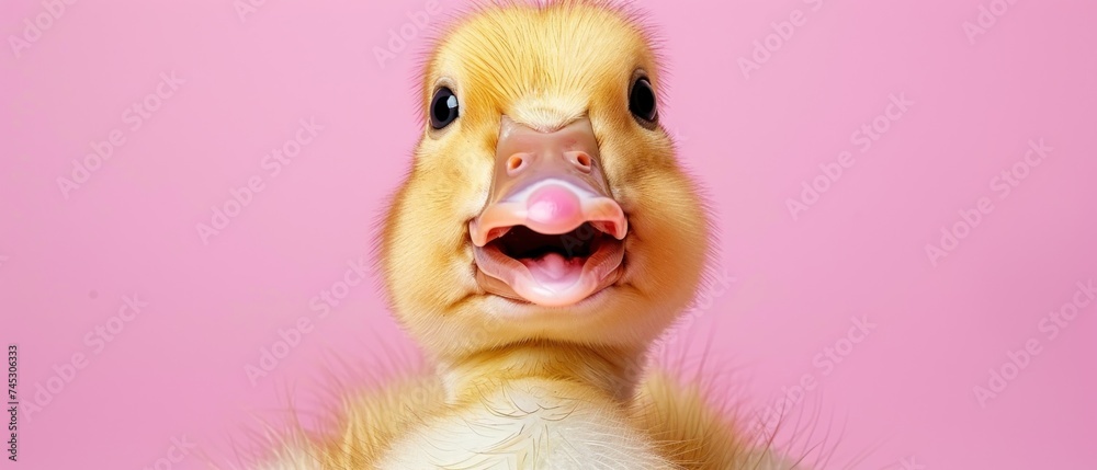 a close up of a duckling on a pink background with its mouth open and ...