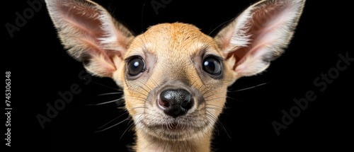 a close up of a small animal's face with very big ears and a surprised look on it's face. photo