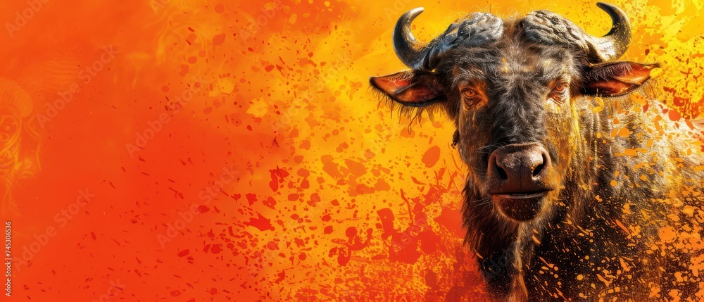 a bull with large horns standing in front of an orange and yellow background with spots on it's face.