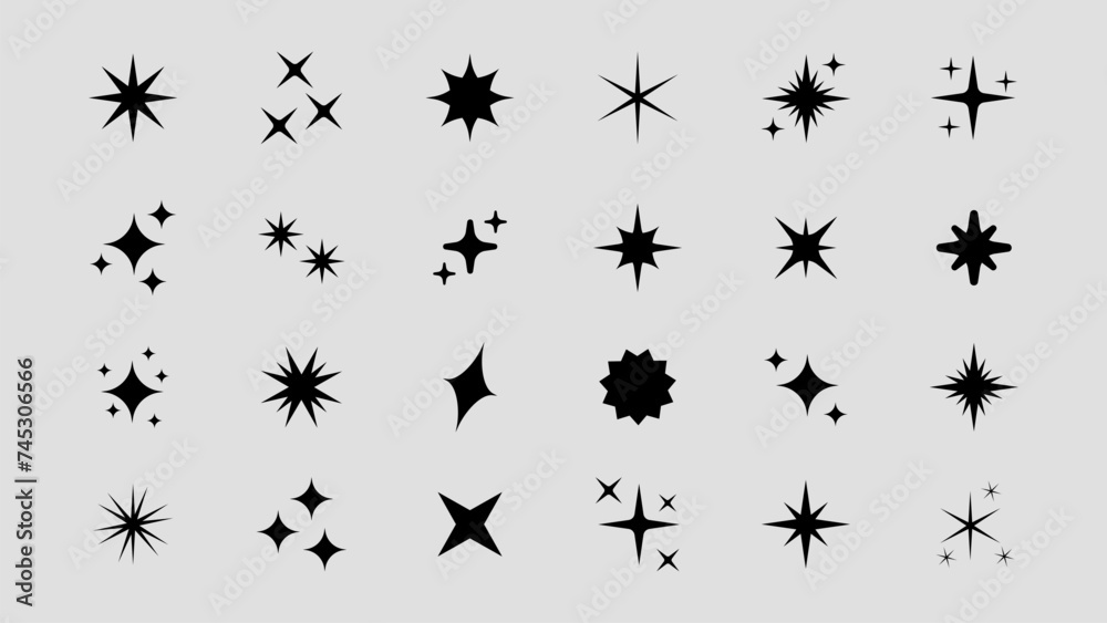 Set of original star sparkle shapes. Abstract shine effect vector sign. Retro futuristic bright vector icons collection. Glowing light effect, twinkle templates stars and bursts, shiny flash. - obrazy, fototapety, plakaty 