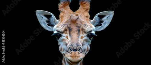 a close up of a giraffe's face on a black background with the head of a giraffe. © Jevjenijs