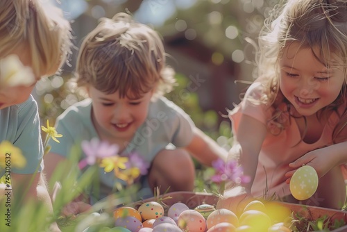 Children in slow motion Gleefully gathering easter eggs during a festive hunt in a vibrant garden