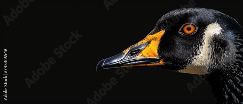a close up of a duck's head with an orange and black beak and an orange - tipped bill. photo