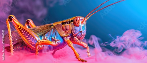 a close up of a grasshopper insect on a pink and blue background with smoke in the foreground and a blue sky in the background. © Jevjenijs