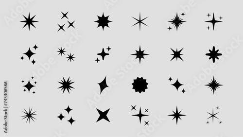 Set of original star sparkle shapes. Abstract shine effect vector sign. Retro futuristic bright vector icons collection. Glowing light effect, twinkle templates stars and bursts, shiny flash. photo