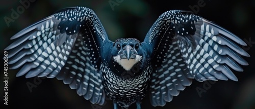 a close up of a blue and white bird with it's wings spread and it's eyes open. photo