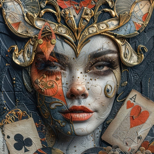 Show the intricate details of a playing cards face in a casino setting capturing the essence of a poker game photo