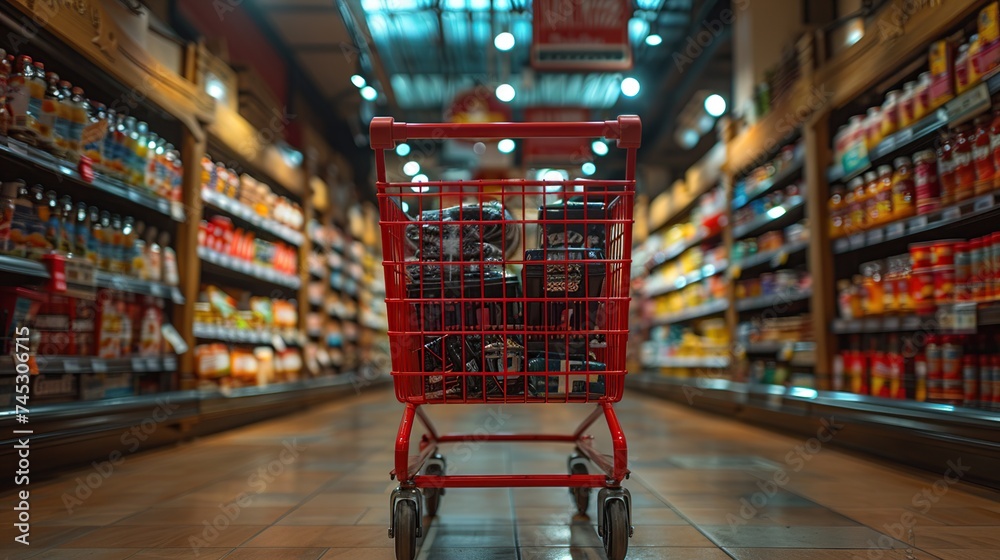Supermarket aisle with empty red shopping cart - obrazy, fototapety, plakaty 