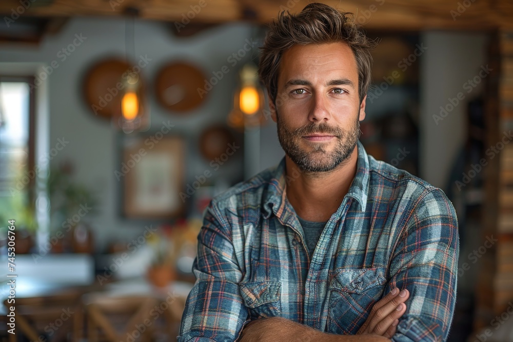 Fototapeta premium A casually dressed man with crossed arms standing in a homey setting, looking pensive and confident