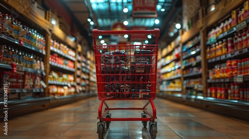 Supermarket aisle with empty red shopping cart