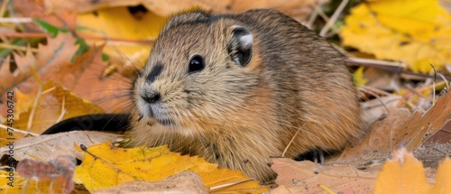 a close up of a rodent on the ground surrounded by yellow and orange leaves and leaves on the ground.