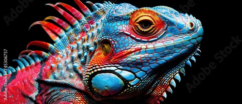 a close up of an iguana's head with red, orange, and blue colors on it. © Jevjenijs