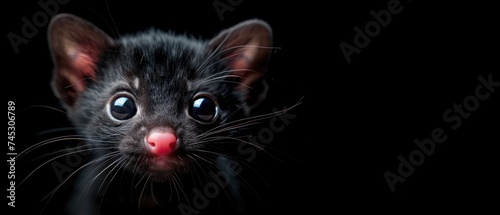a close up of a small black animal with a red nose and big blue eyes, with a black background. © Jevjenijs