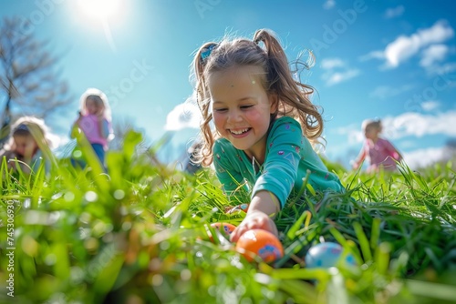 Children joyfully searching for easter eggs in a lush green field under a bright summer sky photo