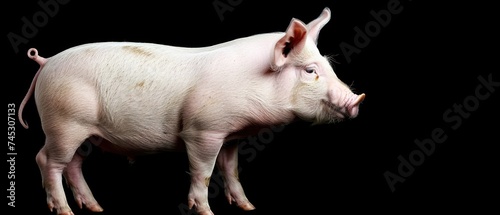a close up of a small pig on a black background with a white spot on the side of the pig's face. © Jevjenijs