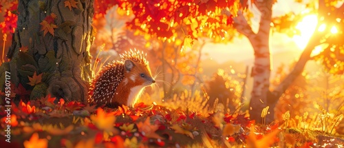 a hedgehog sitting next to a tree in the middle of a forest with leaves on the ground and the sun shining through the trees.