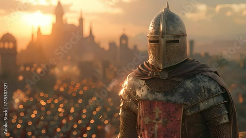 16:9  General templar knight standing proudly on the battlements of a medieval castle, overlooking a formidable assembly of Crusader knights meticulously lined up below. photo