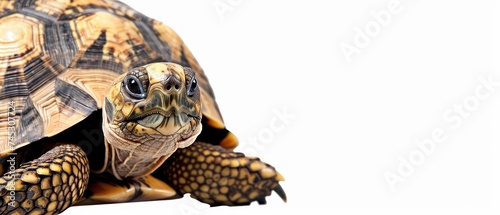 a close up of a tortoise on a white background with a clipping path to the top of the tortoise.