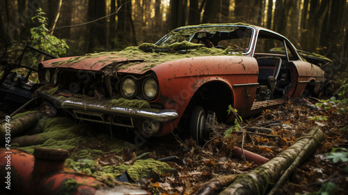 old crashed car in the woods