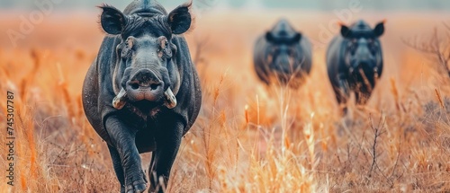 a hippopotamus running through a field of tall grass with other hippopotamus in the background.