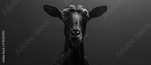 a close up of a black and white photo of a cow's face with a black background behind it.