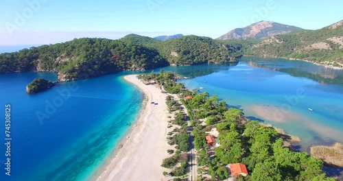 mediterranean bays and beach blue water sky drone footage aerial green pine trees oludeniz blue lagoon famous fethiye oludeniz turkey fethiye above photo