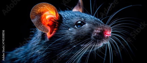 a close up of a rat's face with a bright light coming out of it's back end.