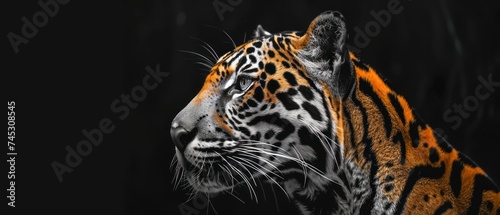 a close - up of a tiger s face on a black background with a blurry image of the tiger s head.