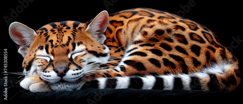 a close up of a tiger laying on top of a black surface with it s head resting on a pillow.