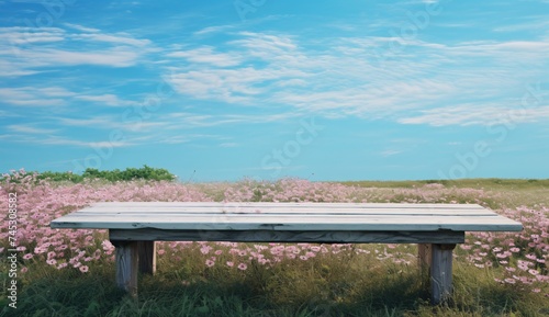 blue wooden table in the field with pink flowers