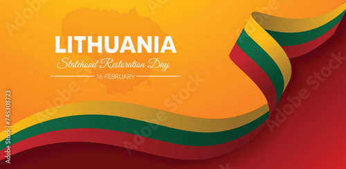 Lithuania Statehood Restoration Day map  16 February flag ribbon vector poster