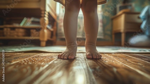 Baby feet doing the first steps. Baby's first steps. Child's bare feet on a wooden floor in front of a window. A lonely kid standing in front of a window in the room in the morning. Generative ai