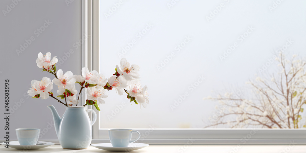 coffee and flowers on kitchen table in the kitchen coffee and flowers on kitchen table in the kitchen