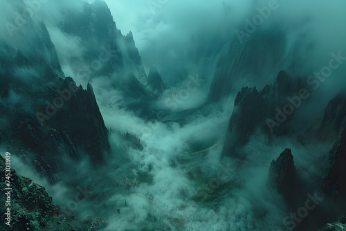 Aerial View of Foggy Mountain Range