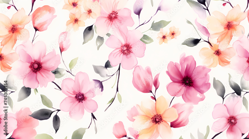 Watercolor seamless pattern with spring flowers