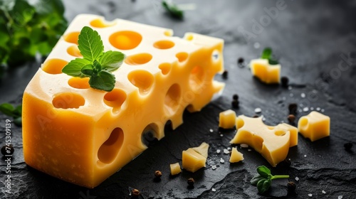 Tempting image of a delicious cheese presented on a sleek black tabletop, copy space for text