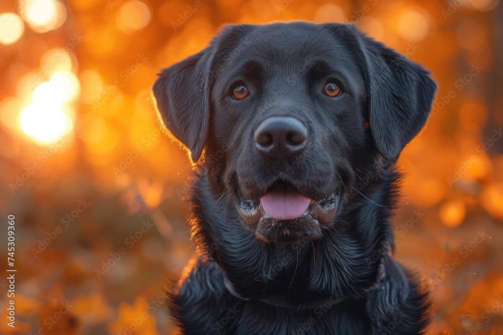 The silhouette of a dog’s head contrasting with the vibrant colors of an autumn sunset blurred by a mysterious black shape The silhouette of a dog’s head contrasting with the vibrant colors of an autumn sunset blurred by a mysterious black shape