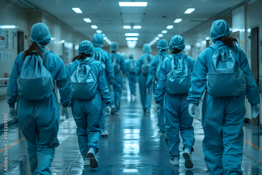 Team of doctors and nurses in hospital hall. Smiling medical personnel. Group of medics wearing scrubs, medical gowns. Surgeon, general practitioner, therapist, diagnostician. Male and woman Team of doctors and nurses in hospital hall. Smiling medical personnel. Group of medics wearing scrubs, medical gowns. Surgeon, general practitioner, therapist, diagnostician. Male and woman