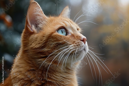 Close-up of a ginger cat looking away with a thoughtful and curious expression in natural light
