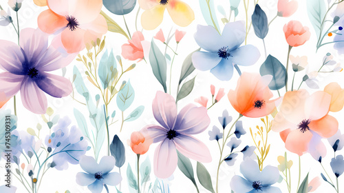 Watercolor seamless pattern with spring flowers