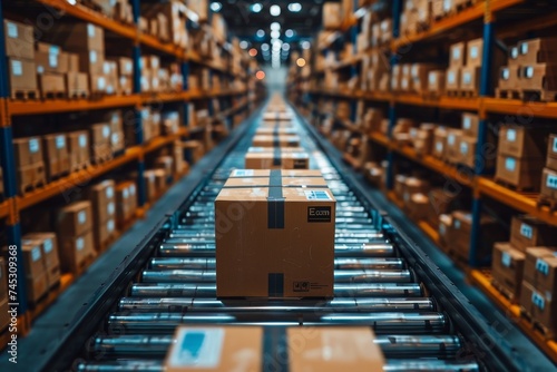 A focused shot of a single cardboard box on a conveyor belt in a modern warehouse, highlighting efficient logistics