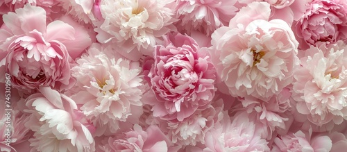 A collection of vibrant pink peonies in full bloom  displayed against a wall. The flowers create a stunning vintage floral background  suitable for various purposes such as wallpaper or cover design.